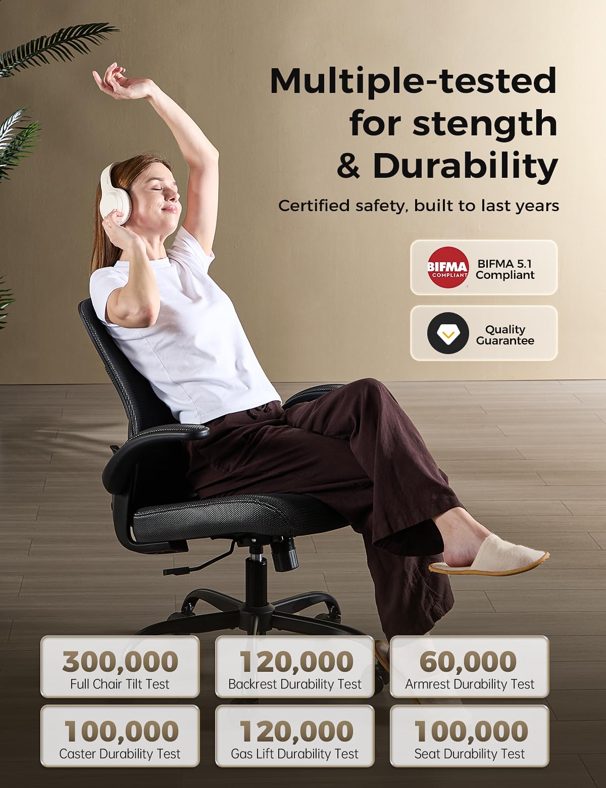 Office Chair, Mesh Ergonomic Desk Chairs, Comfy Computer Chair with Adjustable Height & Flip-up Armrest, Lumbar Support & Swivel Function for Home Office (Black)