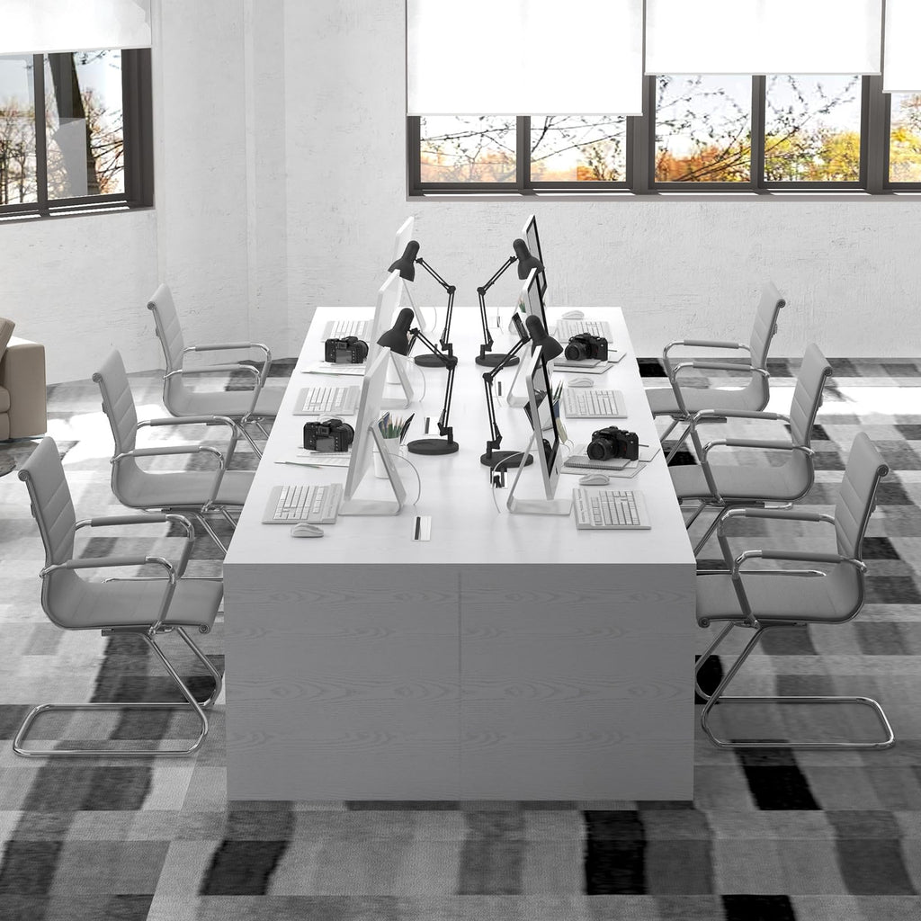 Conference Room Chairs Set of 6, Waiting Room Chairs with Arms, Faux Leather Reception Chairs No Wheels, Office Guest Chairs with Mid Back Support and Chrome Sled Base, Grey