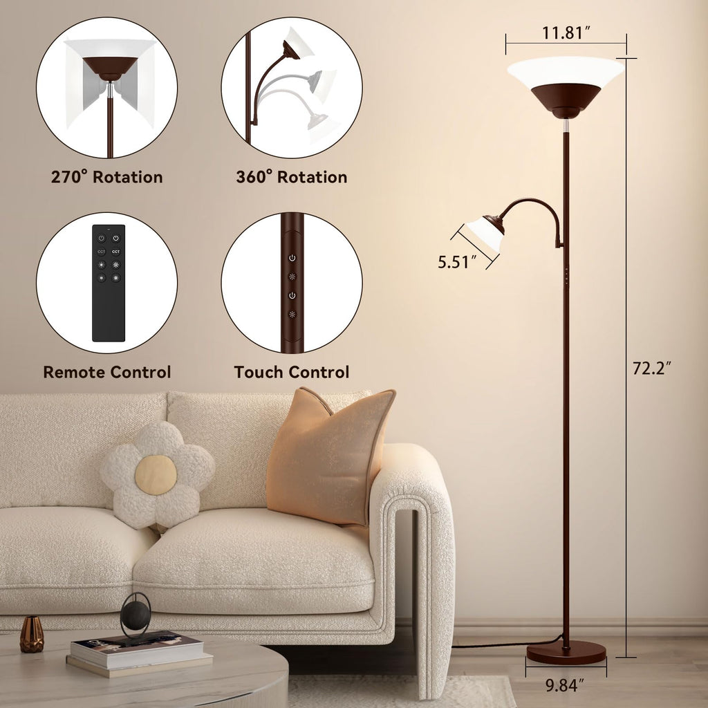 2-in-1 Torchiere Floor Lamp, 34W Super Bright LED Standing Lamp with Remote & Touch Control, 72" Dimmable Adjustable Corner Reading Lamp for Living Room, Bedroom, Office, Brown