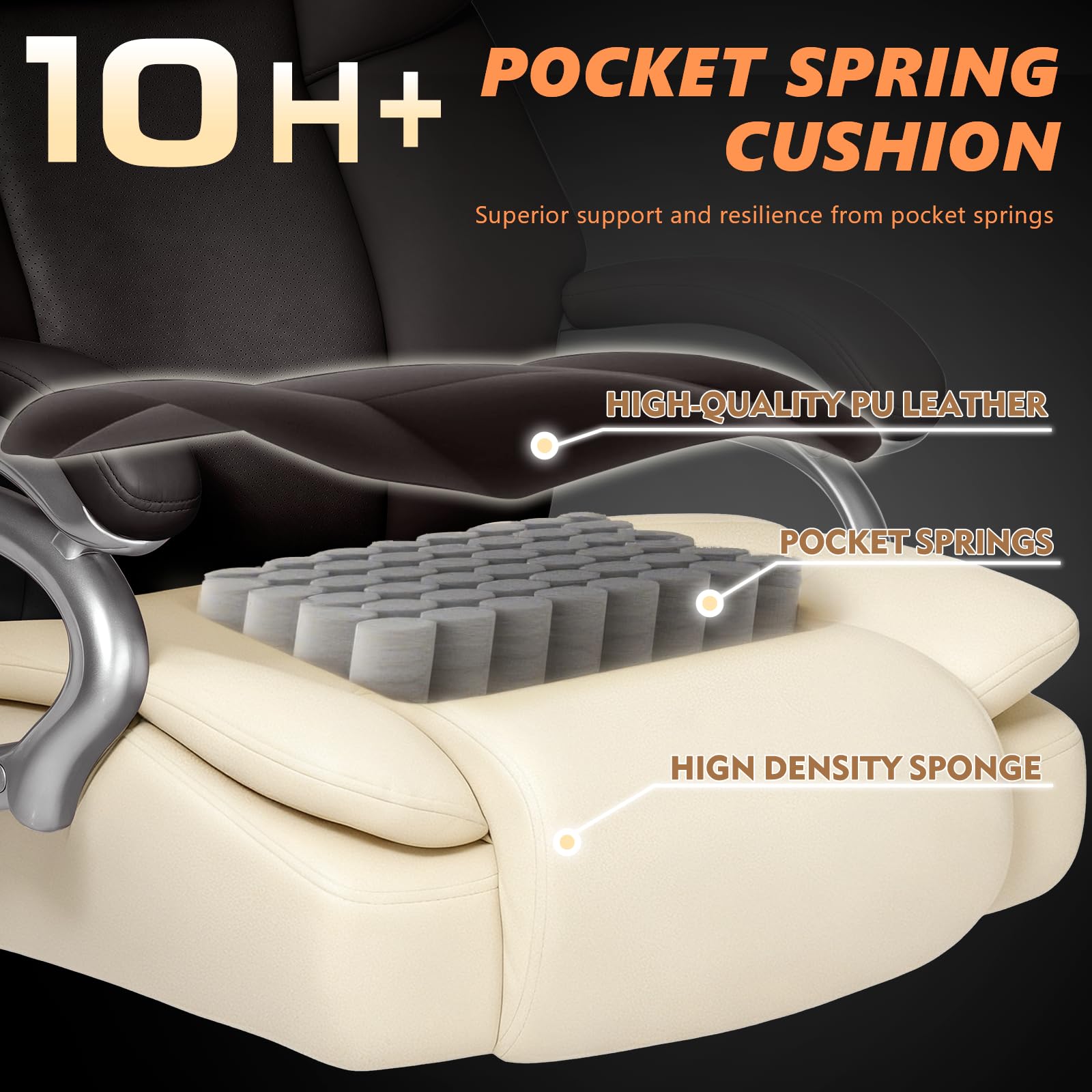 500lbs Big and Tall Office Chair with Dual Rubber Wheel and Pocket Spring Cushion, Comfy Heavy Duty Office Chair for Low Back Pain Relief, Large Executive Desk Chair with Adjustable Lumbar Support