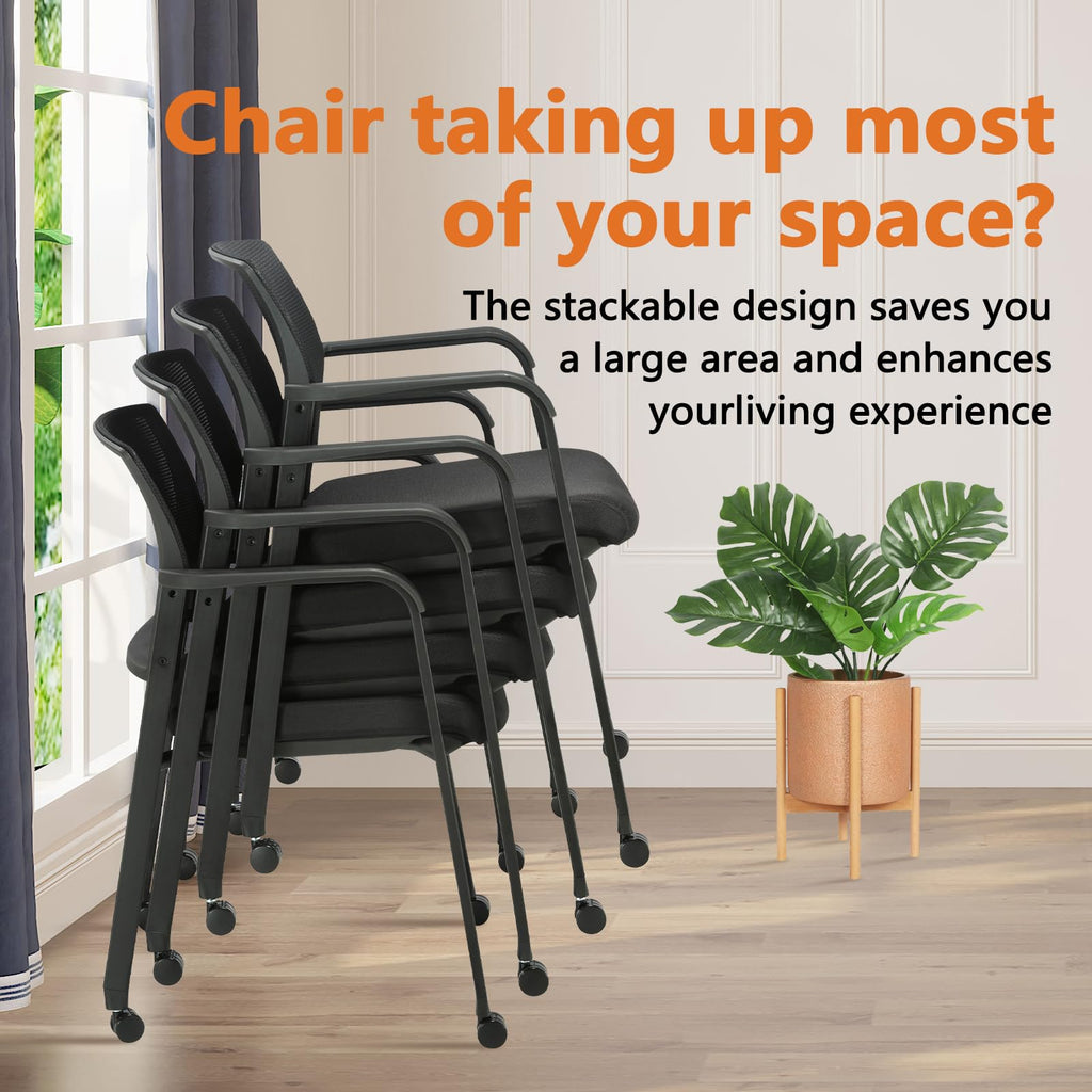 Mesh Back Guest Reception Arm Chairs with Wheels, Waiting Room Chairs with Upholstered Fabric Seat and Ergonomic Lumbar Support for Office