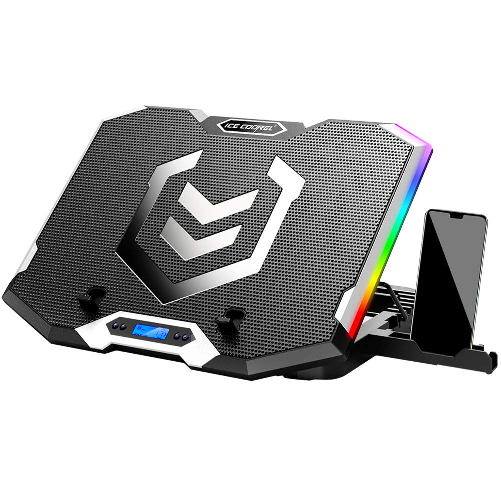 Laptop Cooling Pad 15-17.3 Inch, Laptop Fan with 6 RGB Cooling Fans, Laptop Cooling Stand with 6 Height Adjustable, Laptop Cooler with LCD Screen, 2 USB Ports, Phone Stand