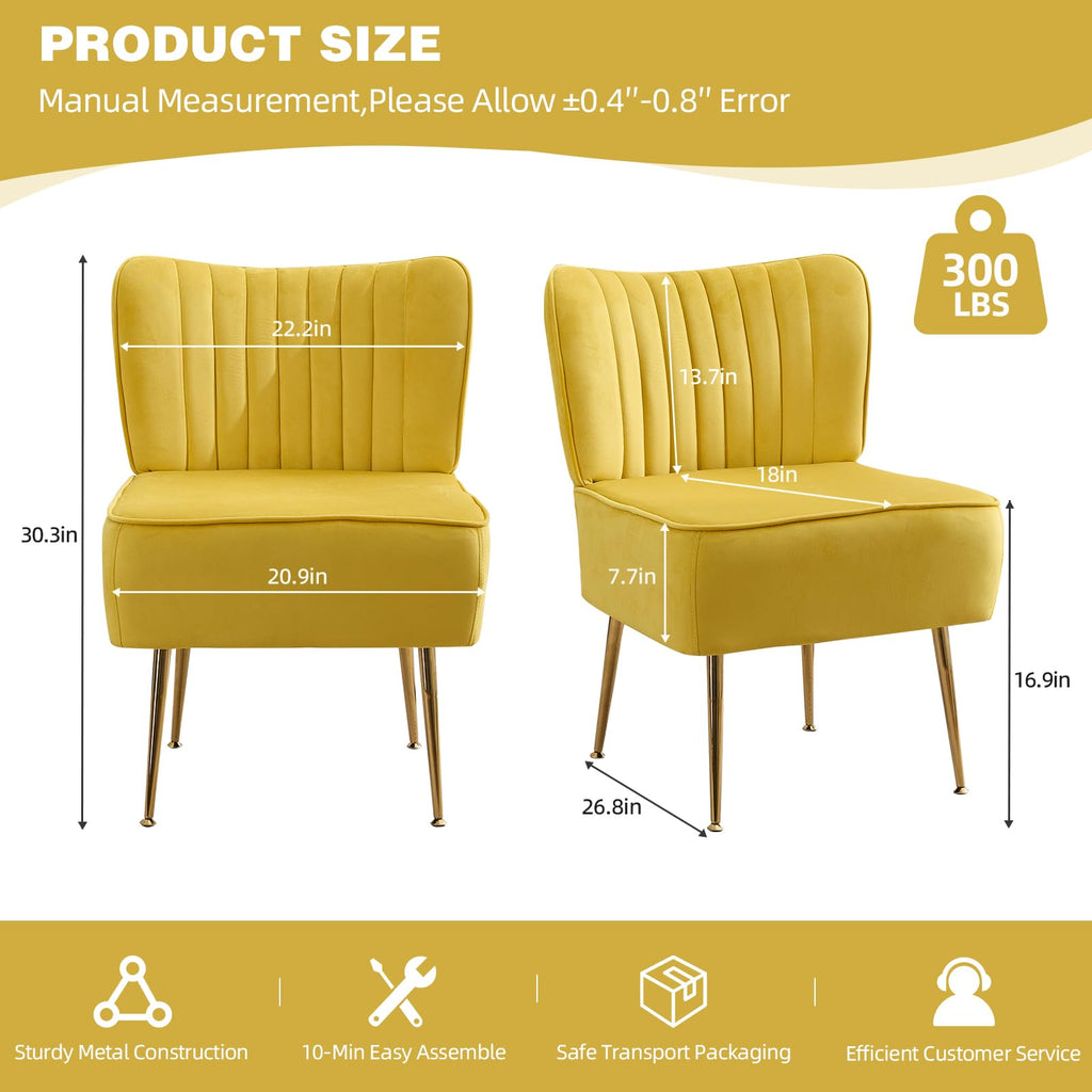 Modern Velvet Accent Chairs Set of 2, Comfy Slipper Chair with Heavy Duty Iron Frame & Gold Legs, Mid Century Side Sofa Chair for Living Room Bedroom Vanity（Yellow）