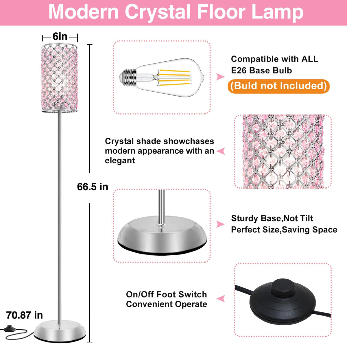 Crystal Floor Lamp for Bedroom, Living Room Pink Floor Lamps Modern Tall Lamp with On/Off Foot Switch Glam Standing Light for Girls Bedroom Minimalism Pole Corner Lamp for Office Dorm Hotel