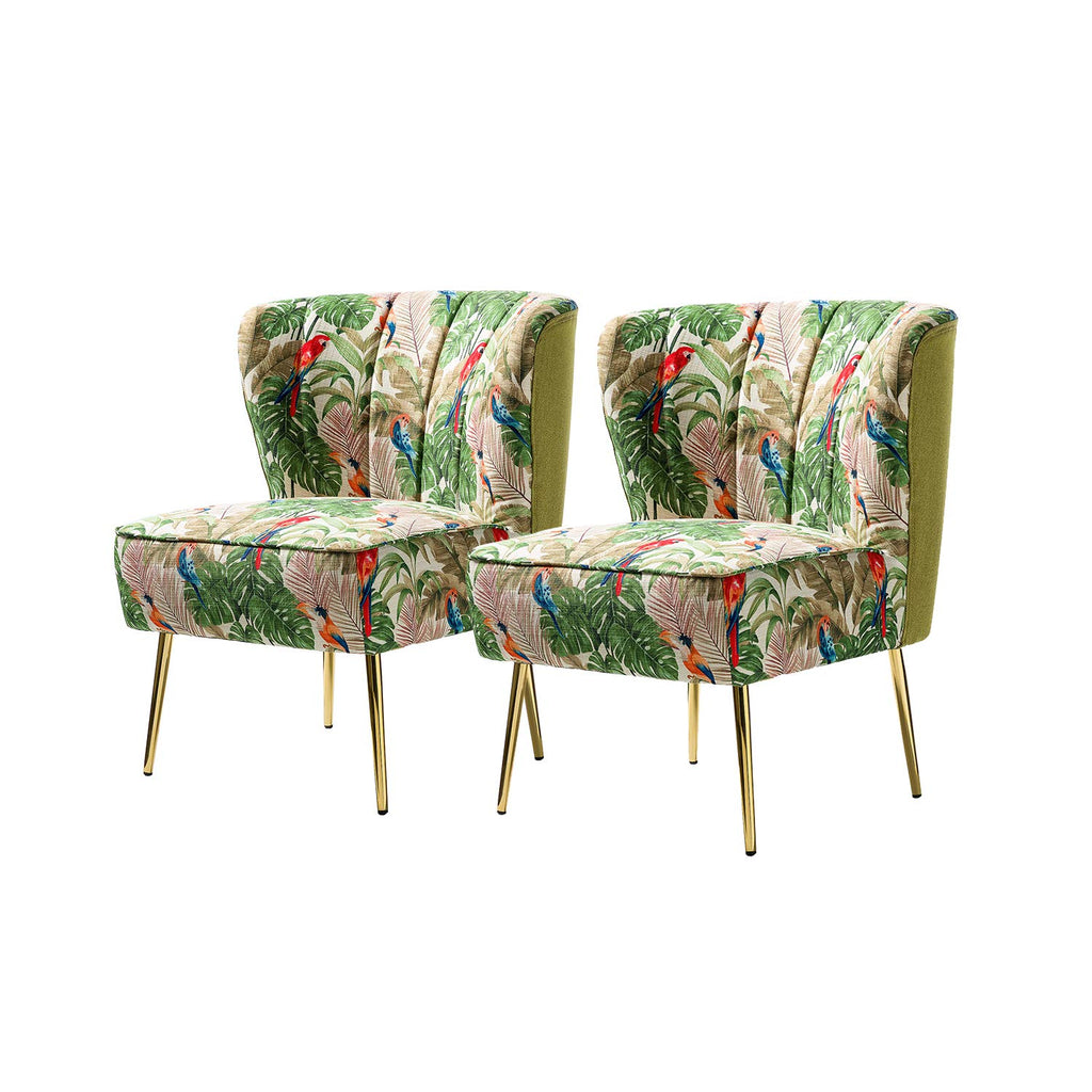 Accent Chair Set of 2 with Golden Legs, Comfy Print Living Room Chair, Wingback Small Armless Side Chair, Upholstered Tufted Slipper Chair for Bedroom, Reading Room(Tropical Parrot, Green)