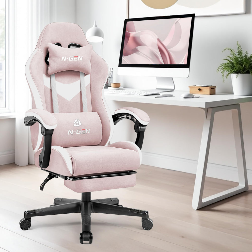 Gaming Chair with Footrest Lumbar Support for Home Office High Back Recliner Height Adjustable Ergonomic Comfy Fabric Computer Desk Chair (Pink)