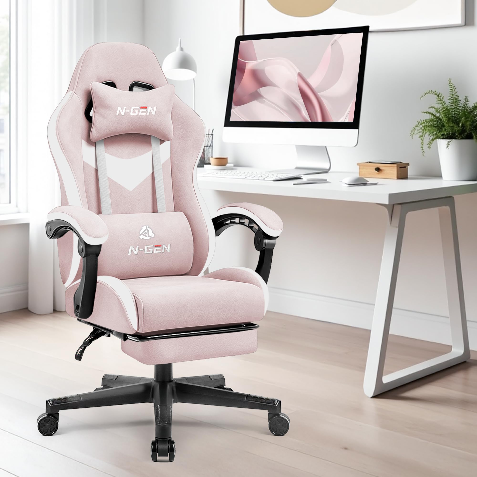 Gaming Chair with Footrest Lumbar Support for Home Office High Back Recliner Height Adjustable Ergonomic Comfy Fabric Computer Desk Chair (Pink)