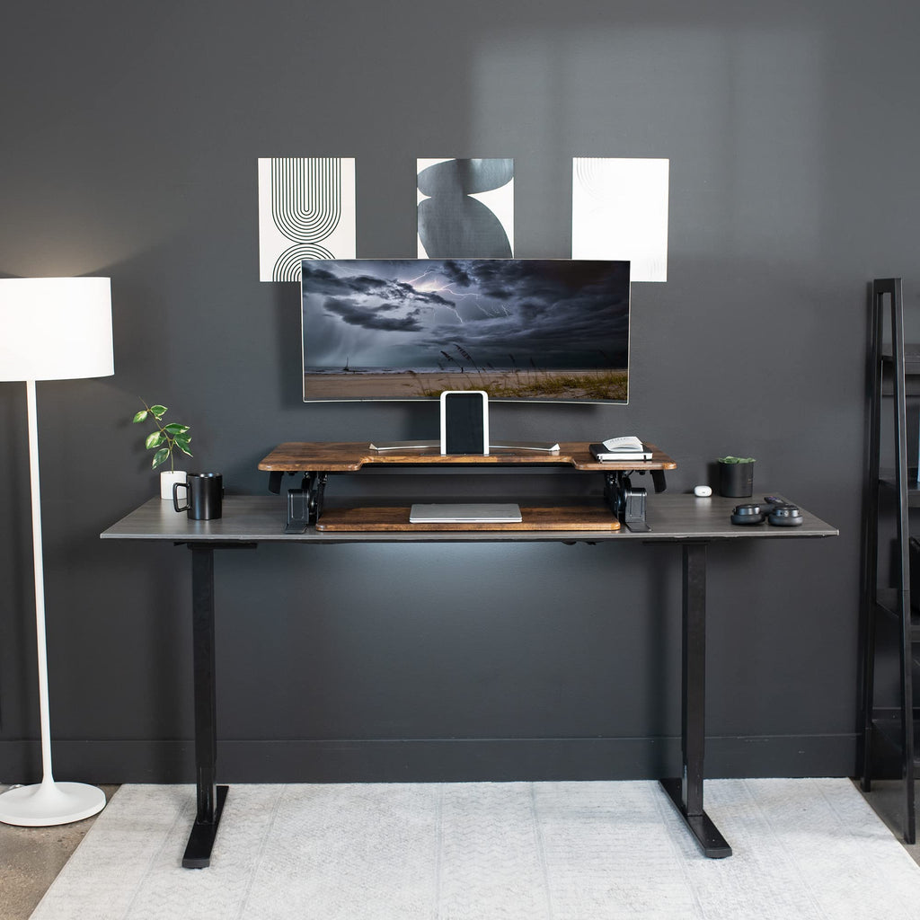 42 inch Height Adjustable Stand Up Desk Converter, V Series, Quick Sit to Stand Tabletop Dual Monitor Riser Workstation, Rustic Vintage Brown Top, Black Frame, DESK-V000VLN