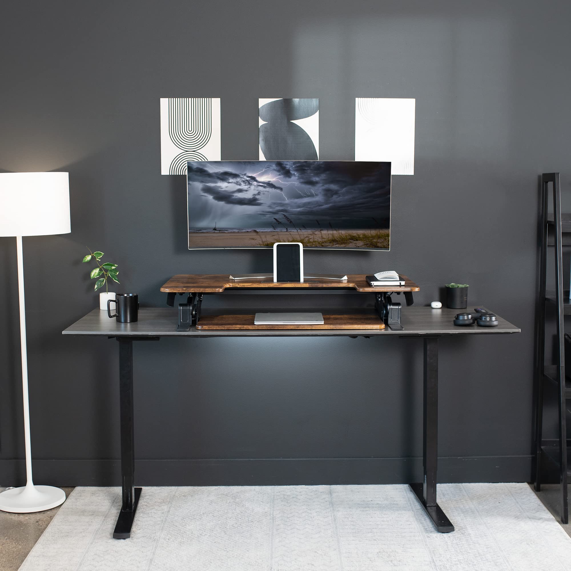 42 inch Height Adjustable Stand Up Desk Converter, V Series, Quick Sit to Stand Tabletop Dual Monitor Riser Workstation, Rustic Vintage Brown Top, Black Frame, DESK-V000VLN