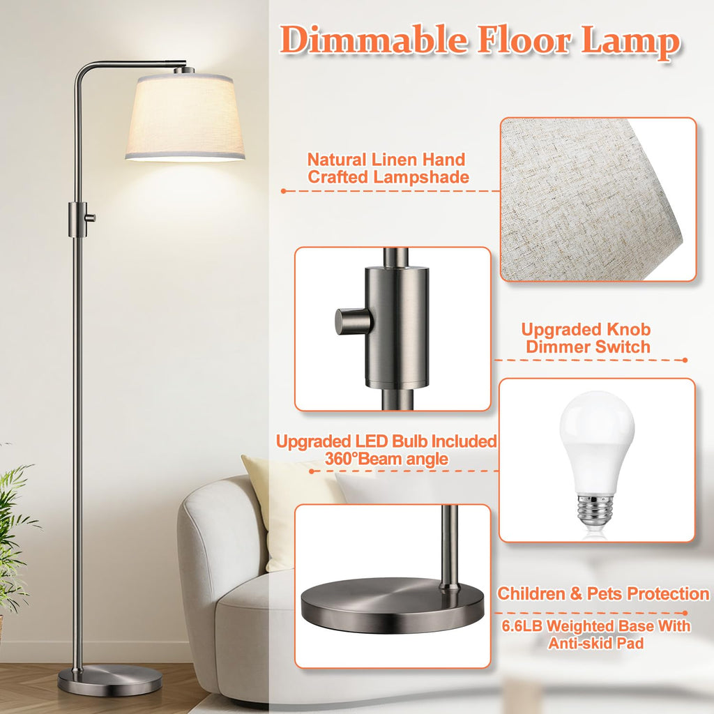Floor Lamp, 1000 Lumens LED Edison Bulb Included, Brushed Nickel Arc Floor Lamps for Living Room Modern Standing Lamp Tall Lamps for Living Room Bedroom