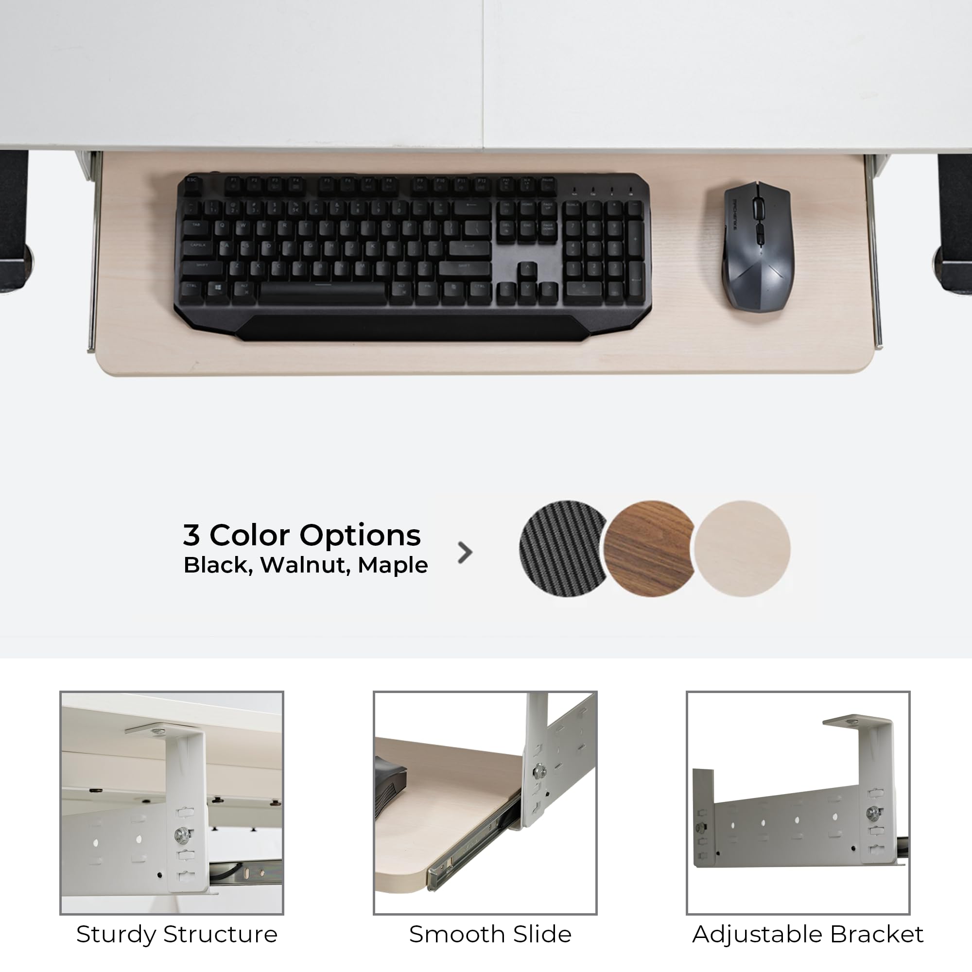 Adjustable Keyboard Tray Under Desk, 28x11 Inch Large Slide Out Keyboard & Mouse Platform Tray, Wooden Pull Out Computer Keyboard Drawer for Typing Home Office Desk, Maple