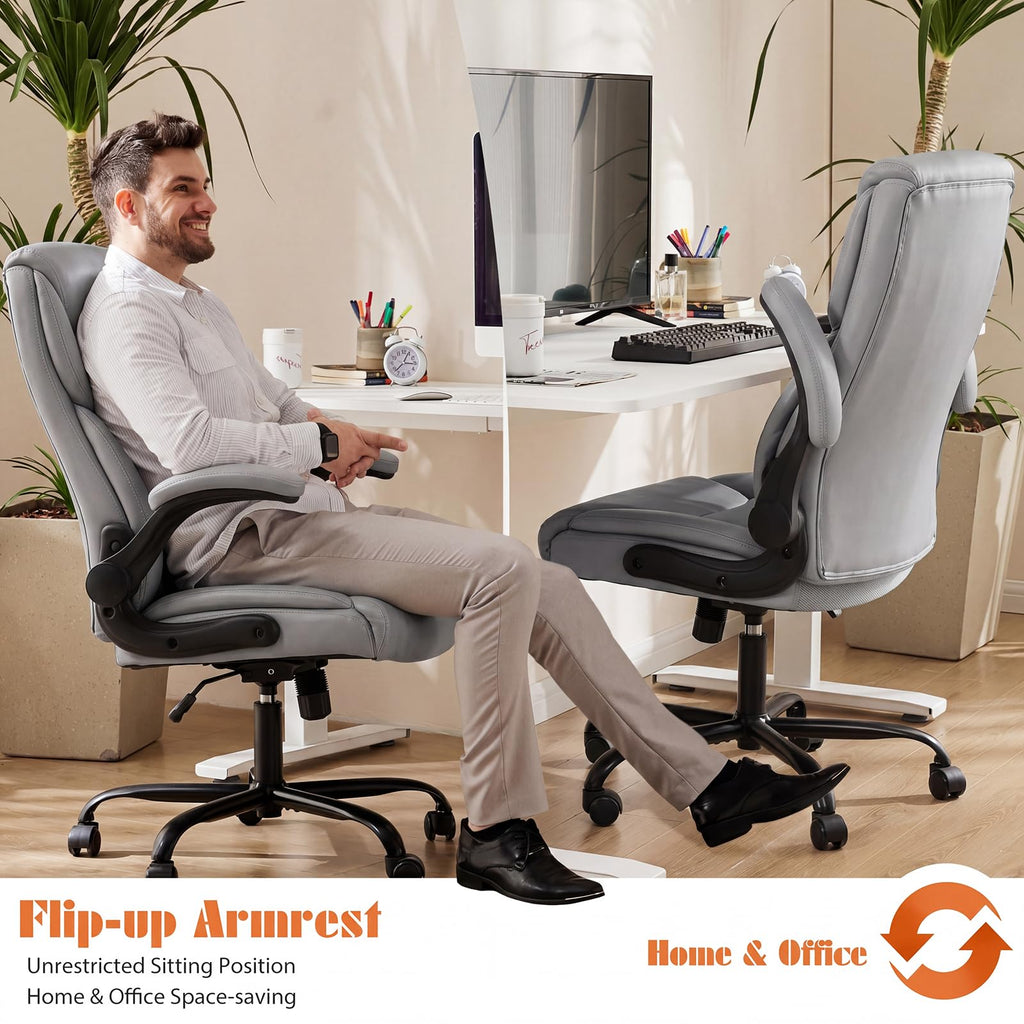 Office Computer Gaming Chair, Ergonomic High Back Heavy Duty Task Desk Chairs with Wheels, Flip-up Arms, Adjustable Height, PU Leather, Grey