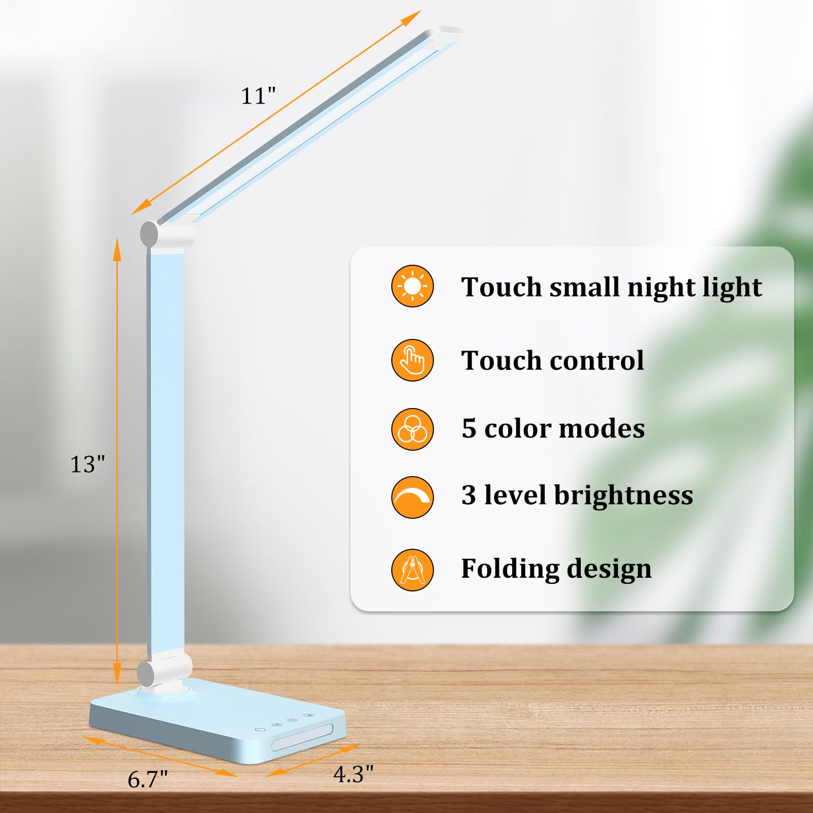 LED Desk Lamp with USB Ports,Touch Desk Lamps for Home Office with 5 Color Modes,3 Brightness Desk Light with Small Night Light,Reading Lamp Table Lamp for Bedroom Bedside Study Blue （with adapter）