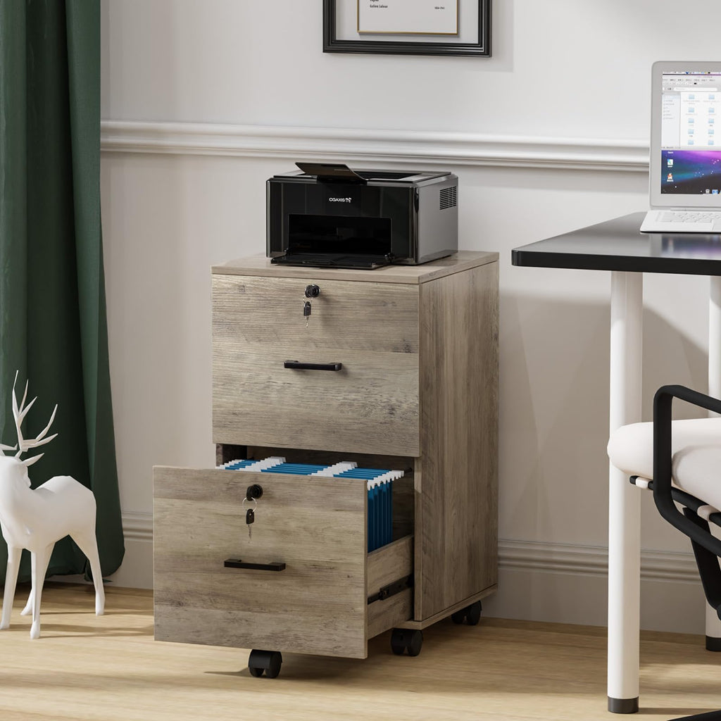 2 Drawer File Cabinet with Lock, Wood Rustic Gray Filing Cabinet for Letter Size File Folders with Tabs, Under Desk Rolling File Cabinets for Home Office, Mobile File Organization Printer Stand