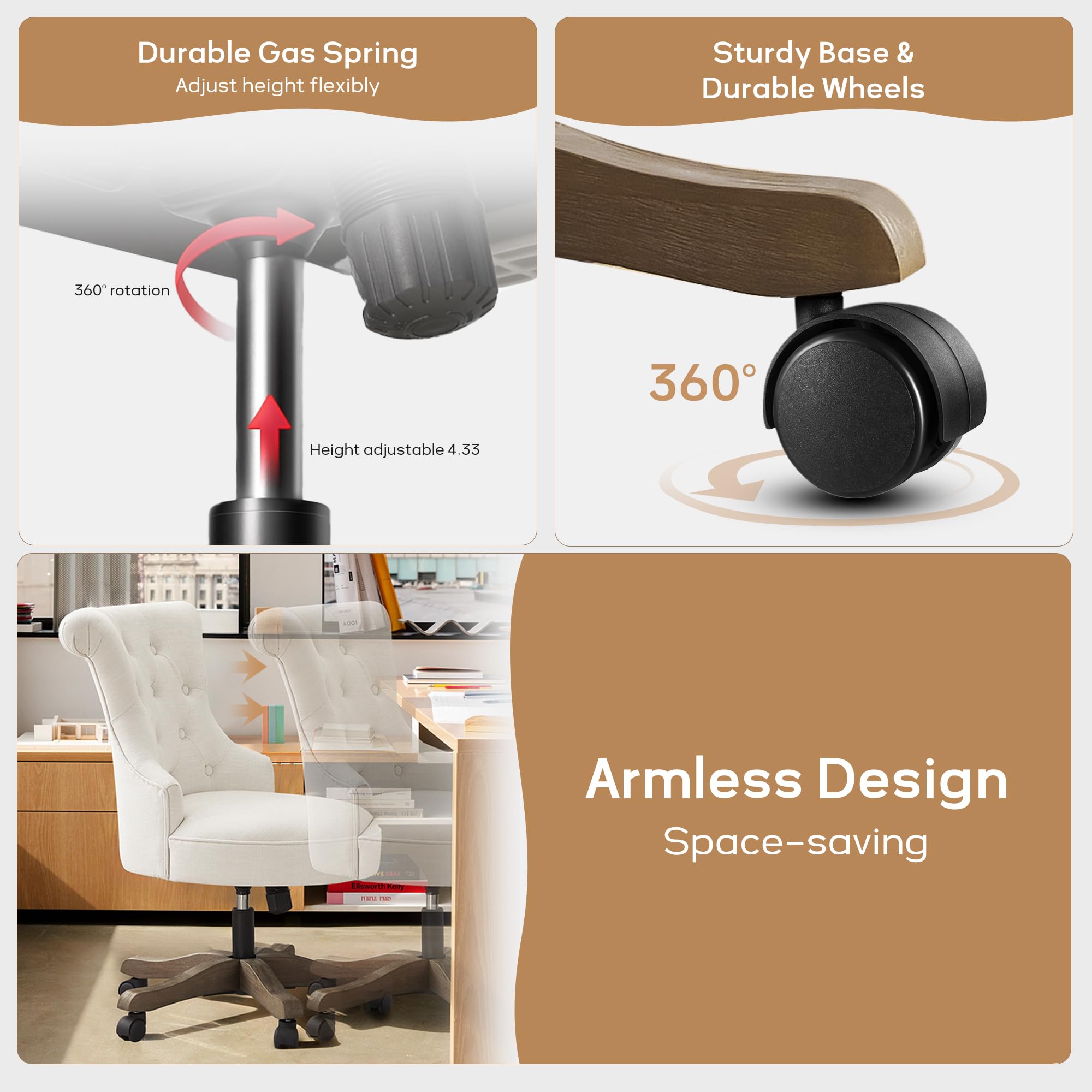 Home Office Chair Upholstered Armless Desk Chairs with Wheels Adjustable Height Computer Desk Chair with Wooden Legs Linen Comfortable Swivel for Home Office Study Studio (Beige)