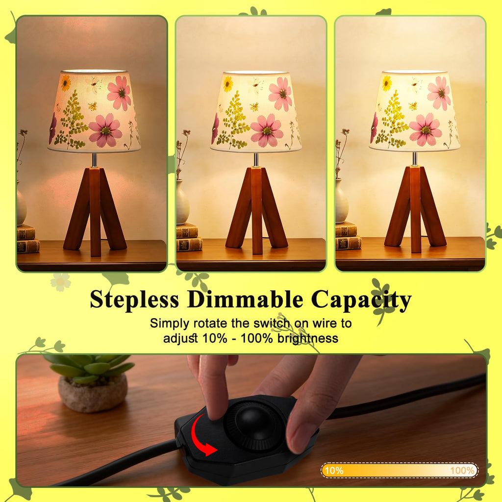 Dried Flowers Tripod Table Lamp 14.17in, 9W LED Dimmable Cute Bedside Lamp with Flowers Linen Lampshade for Nursery, Bedroom, Kid Room, Living Room, Light Brown Wooden Base