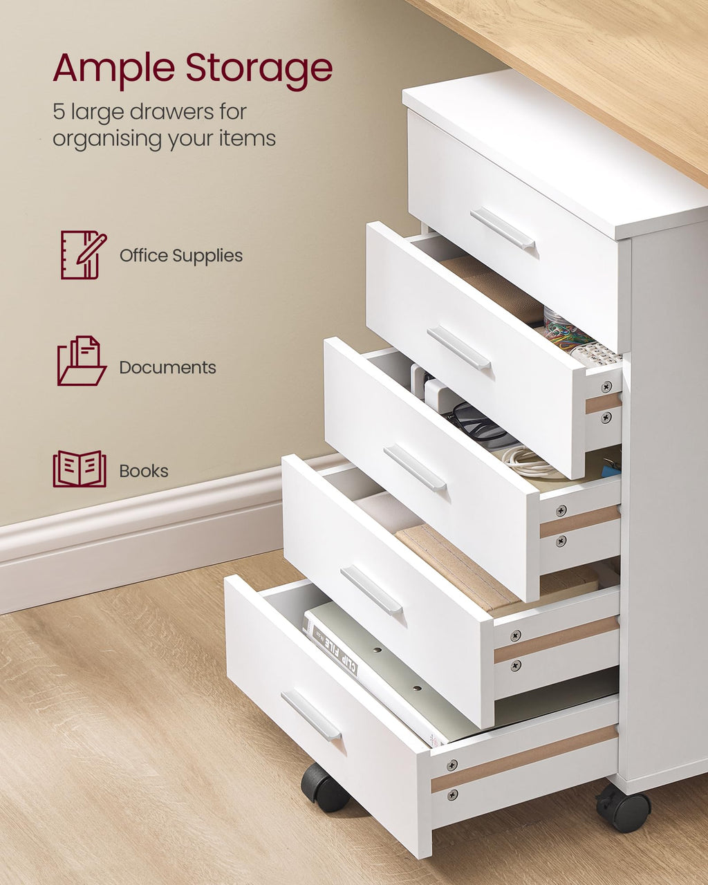 File Cabinet, Mobile Pedestal Filing Cabinet with Wheels, Printer Stand with 5 Drawers, Tool-Free Sliding Rails, for Study, Home Office, Cloud White