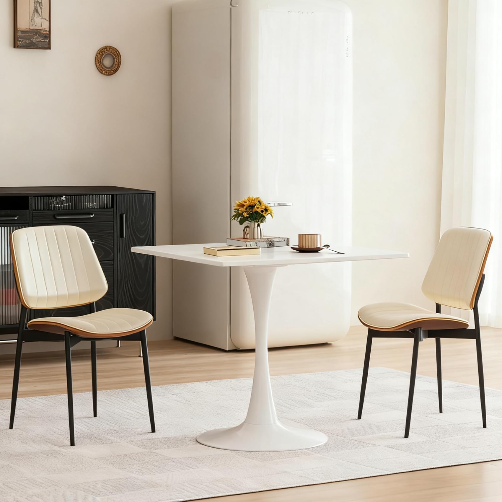 Hansweld Square Dining Table, 31.5" Tulip Table with Thickened Tabletop & Metal Pedestal, Mid Century Modern Bistro Table for Kitchen, Small Places, Living Room, Cafe (White)