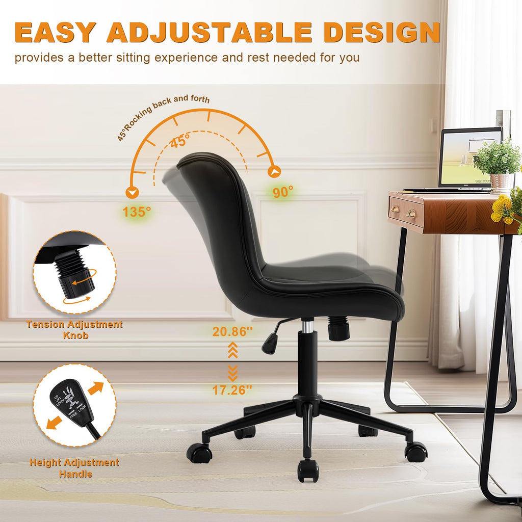 Armless Office Chair, Height Adjustable Desk Chair with Wheels, Ergonomic Comfy 360° Swivel Home Office Computer Task Chair, Faux Leather Padded Cute Vanity Chair,Black