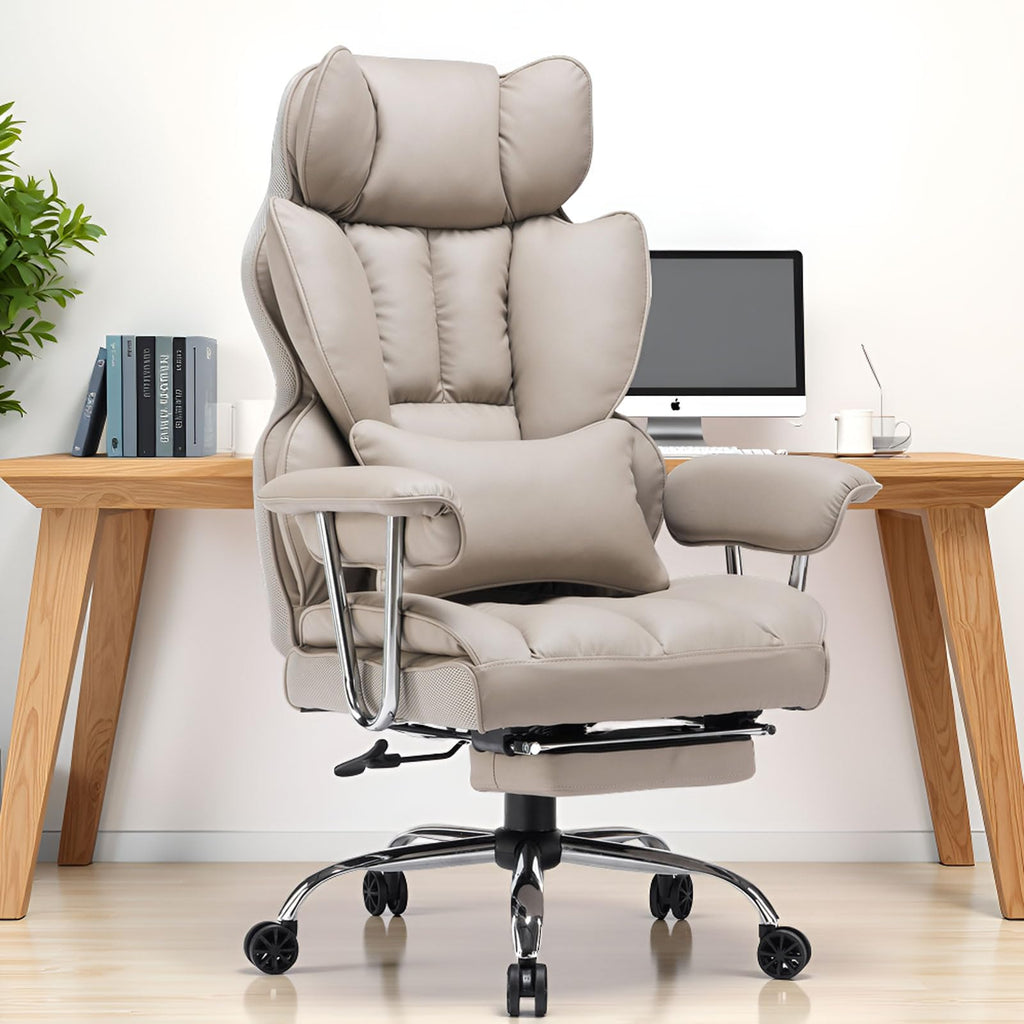 Big and Tall Office Chair 400lbs – PU Leather Executive Office Chair with Lumbar Support & Leg Rest, Heavy-Duty Computer Chair for Home Office, Grey