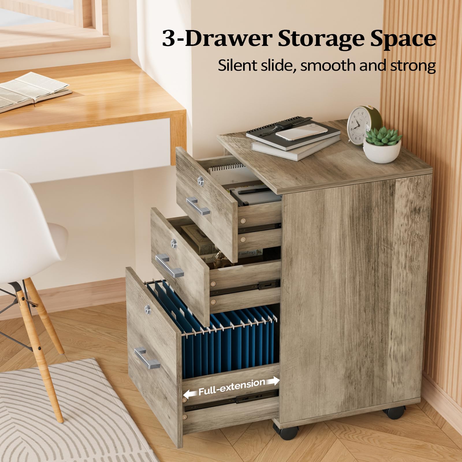 3-Drawer File Cabinet with Lock, Wood Rolling Under Desk File Cabinets for Home Office, Mobile Printer Stand & Filing Organizer for Letter Sized Files, 26" H(Caster Included), Rustic Gray
