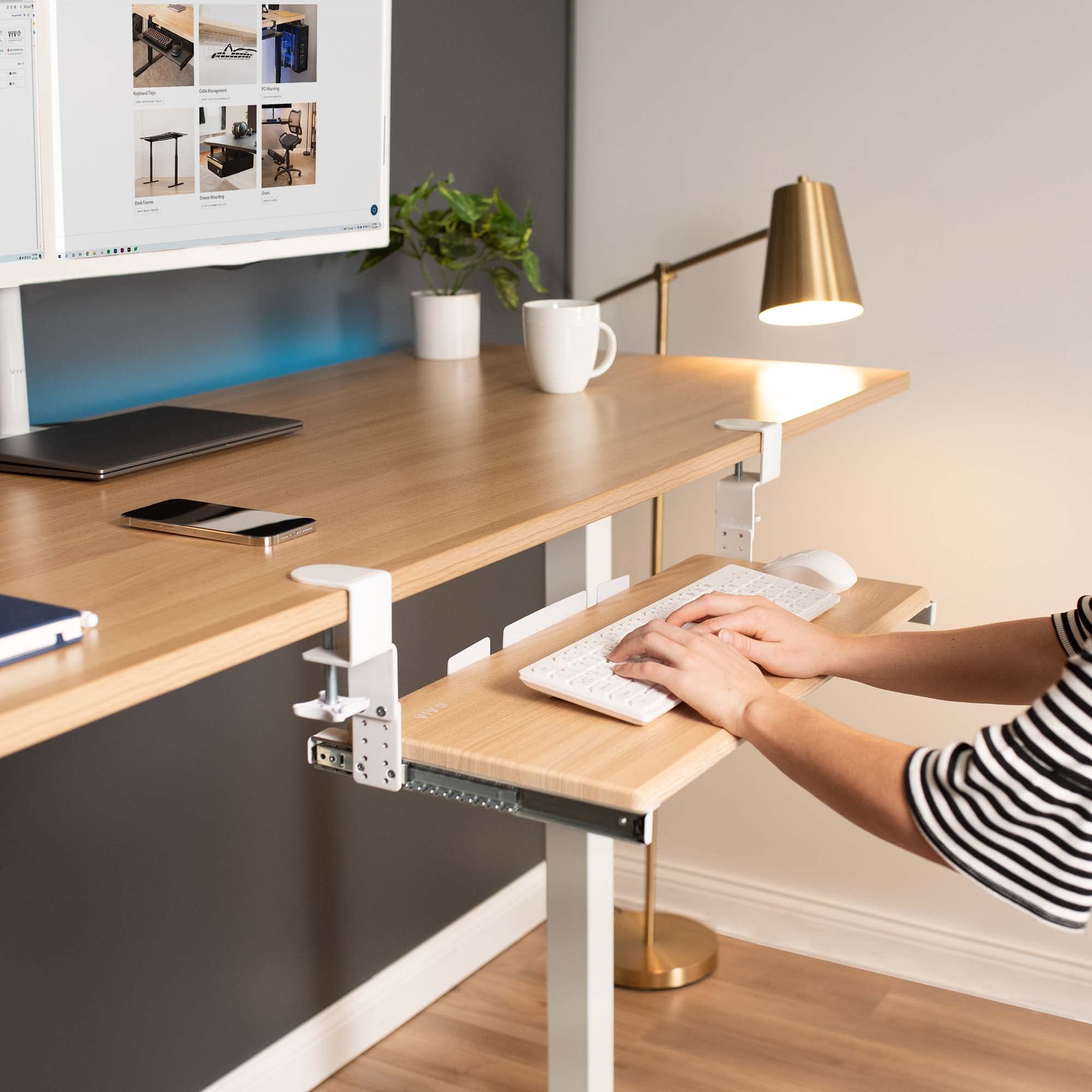 Large Height Adjustable Under Desk Keyboard Tray, C-clamp Mount System, 27 (33 Including Clamps) x 11 inch Slide-Out Platform for Typing, Light Wood, MOUNT-KB05HA