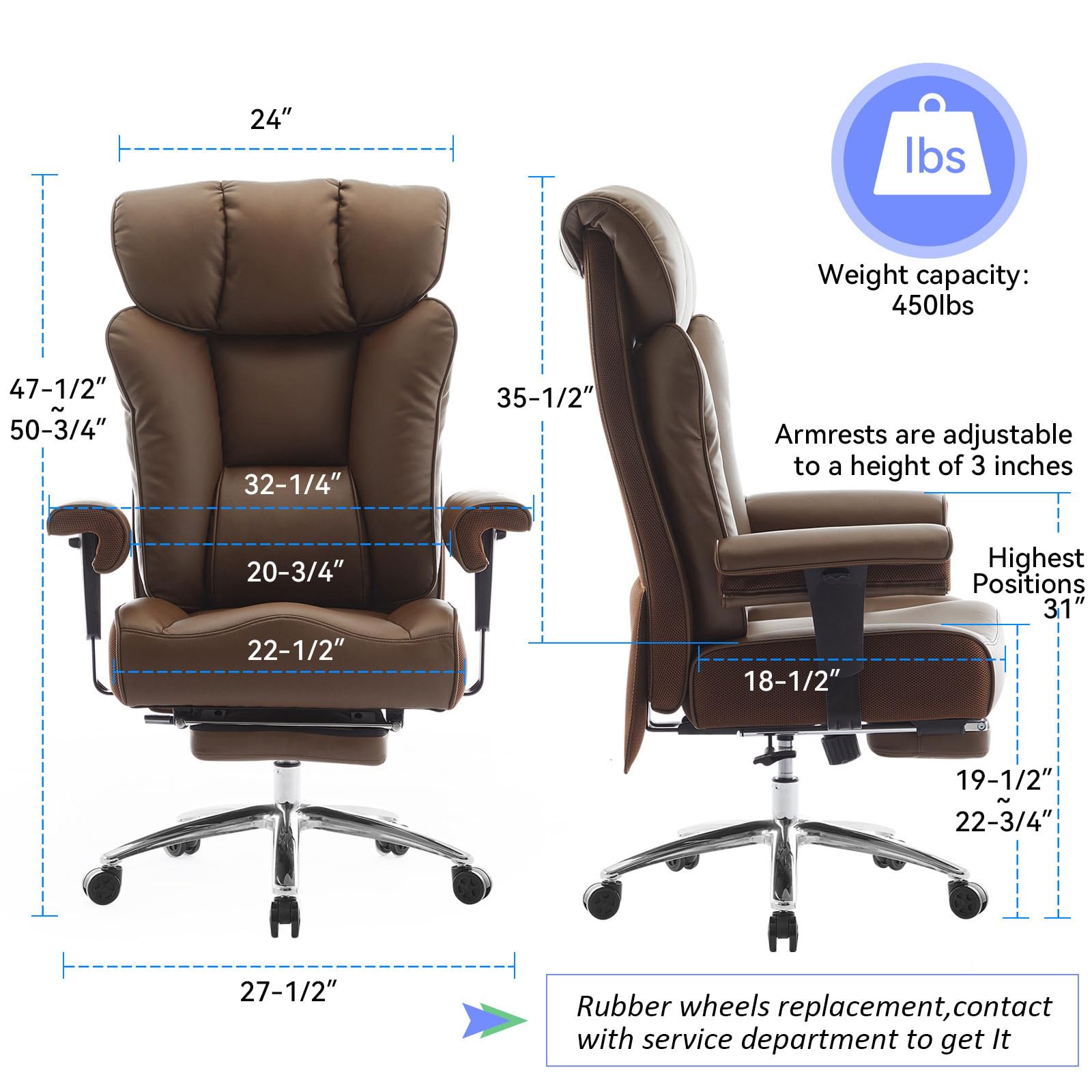 Big and Tall Office Chair 400lbs - Heavy Duty Executive Desk Chair with Foot Rest & 23" Wide Seat - High Back Ergonomic Leather Computer Chair for Heavy People, Home Office, Brown