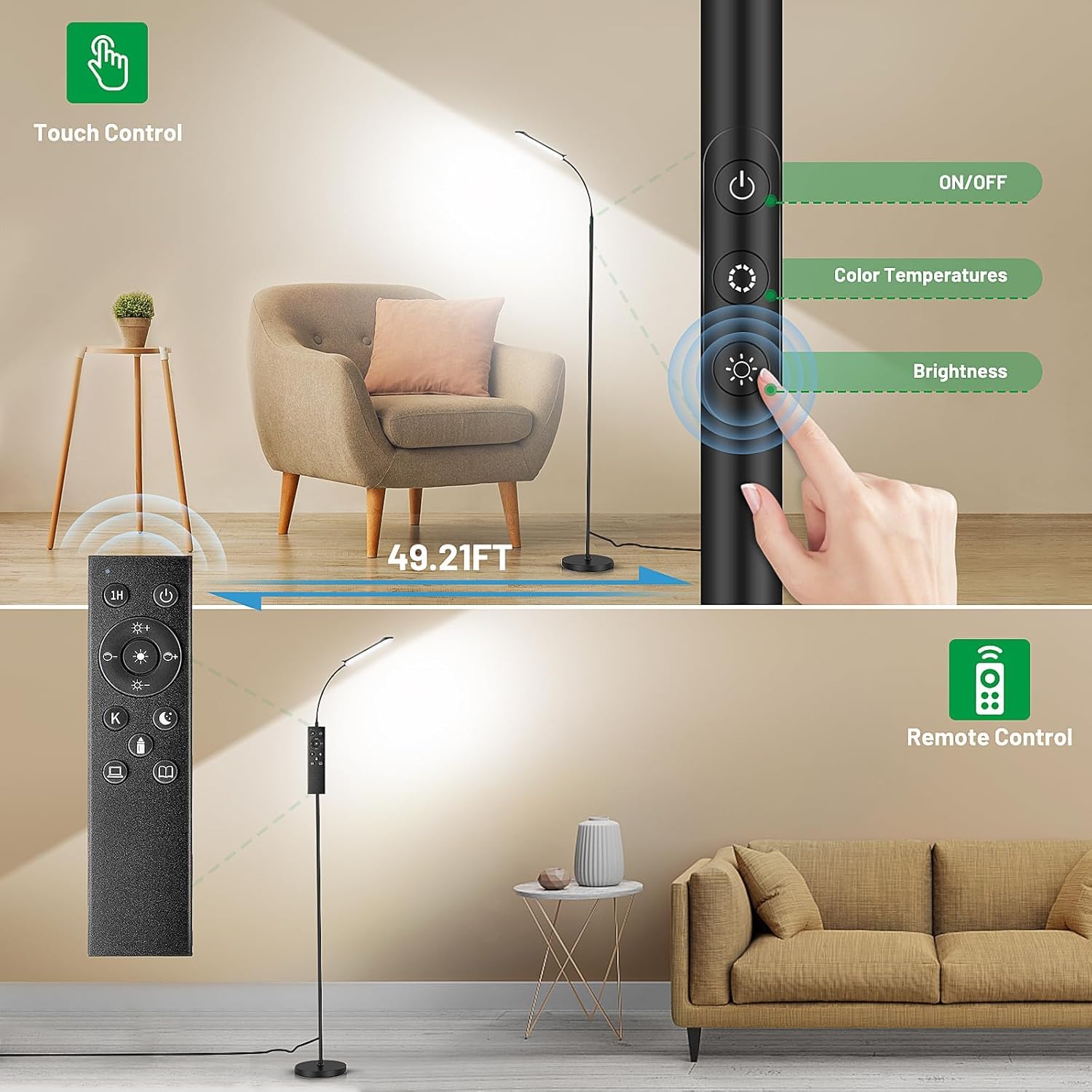 2 Pack, LED Floor Lamp, Super Bright Reading Lamps Floor Standing lamp with Remote & Touch Control, Stepless Dimming & 2700K-6500K Color Temperature, for Living Room Bedroom Office