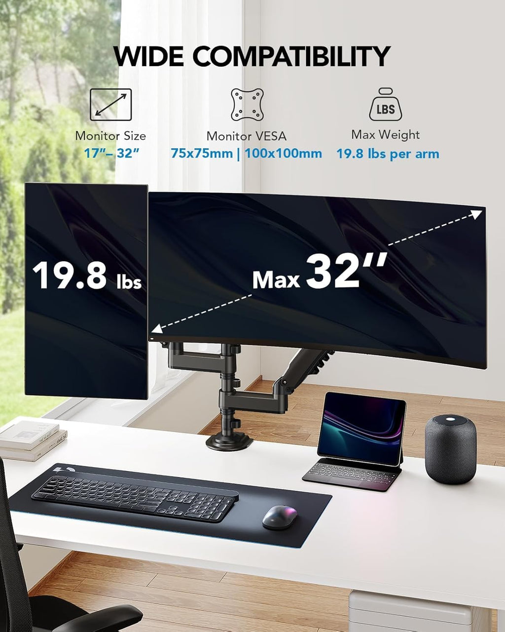 17-32 Inch Dual Monitor Stand, Vertical Dual Monitor Mount, Monitor Stand 2 Monitors, Ergonomic Adjustable Tilt/Swivel/Rotate, Weight Max 19.8 lbs, VESA 75/100mm