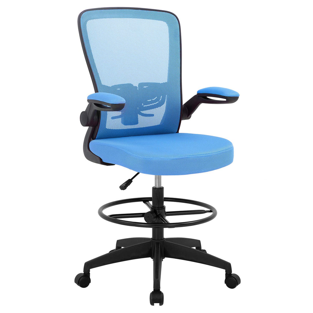 Drafting Chair Tall Office Chair Adjustable Height with Lumbar Support Arms Footrest Mid Back Standing Desk Chair Swivel Rolling Mesh Computer Chair Standing Desk Drafting Stool Blue