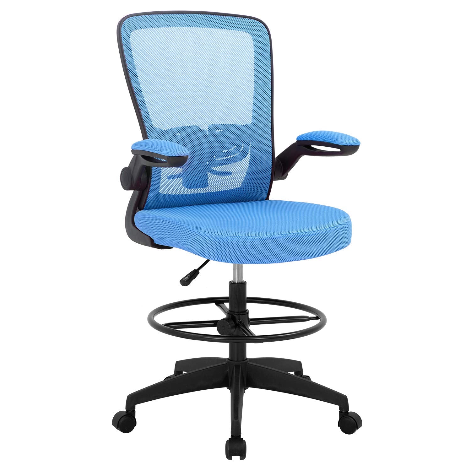 Drafting Chair Tall Office Chair Adjustable Height with Lumbar Support Arms Footrest Mid Back Standing Desk Chair Swivel Rolling Mesh Computer Chair Standing Desk Drafting Stool Blue