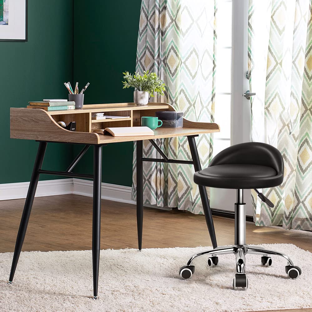PU Leather Round Rolling Stool with Back Rest Height Adjustable Swivel Drafting Work SPA Task Chair with Wheels Black