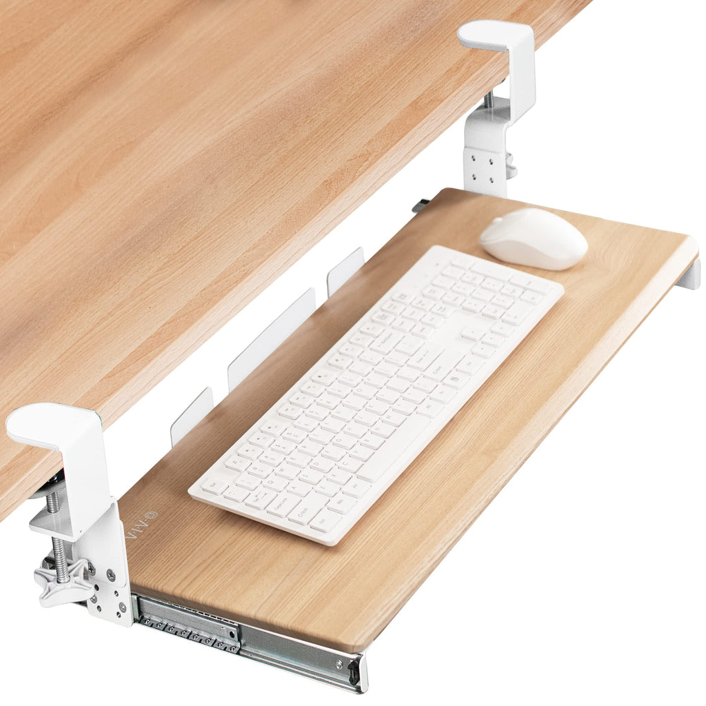 Large Height Adjustable Under Desk Keyboard Tray, C-clamp Mount System, 27 (33 Including Clamps) x 11 inch Slide-Out Platform for Typing, Light Wood, MOUNT-KB05HA