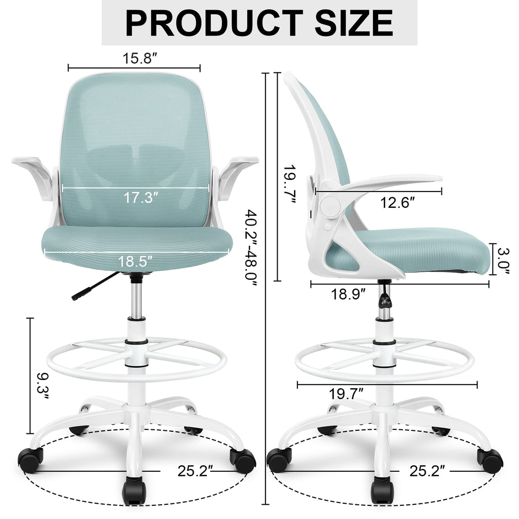 Drafting Chair Tall Office Chair with Flip-up Armrests Executive Ergonomic Computer Standing Desk Chair with Lumbar Support and Adjustable Footrest Ring（Light Blue）