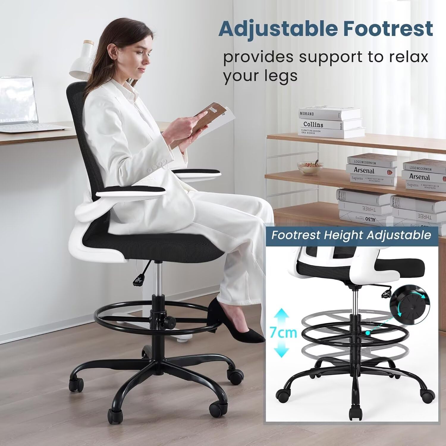 Drafting Chair for Standing Desk Executive Ergonomic Computer Chair, Tall Office Chair with Flip-Up Armrests, Adjustable Footrest Ring, Lumbar Support, Height Adjustable Swivel Task Chair (White)