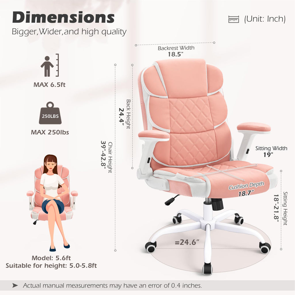 Pink Office Chair Ergonomic Desk Chair with Lumbar Support, Flip-Up Arms, Adjustable Swivel Computer Chair with Wheels, Comfortable PU Leather Cute Office Chair for Home Office Small Space