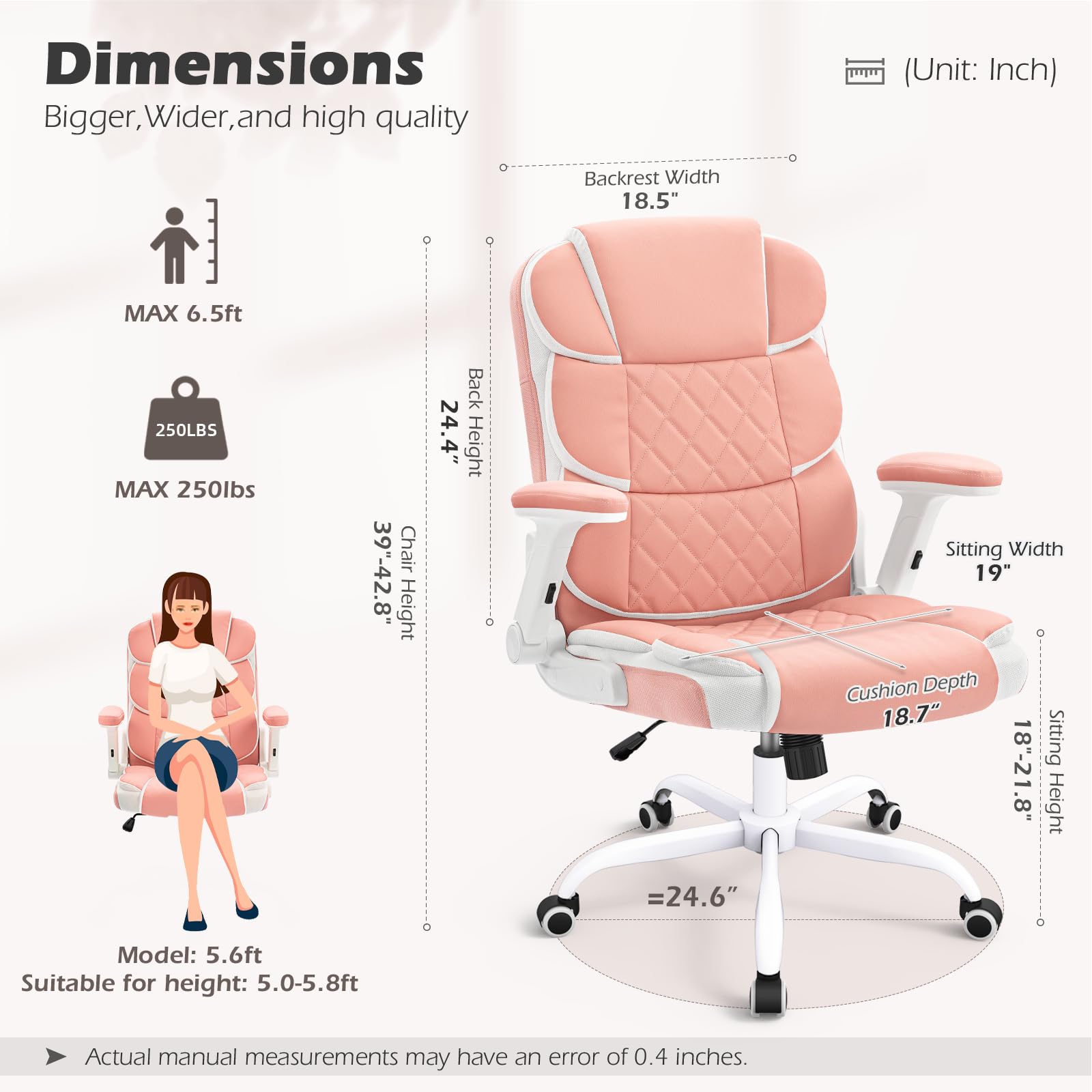 Pink Office Chair Ergonomic Desk Chair with Lumbar Support, Flip-Up Arms, Adjustable Swivel Computer Chair with Wheels, Comfortable PU Leather Cute Office Chair for Home Office Small Space