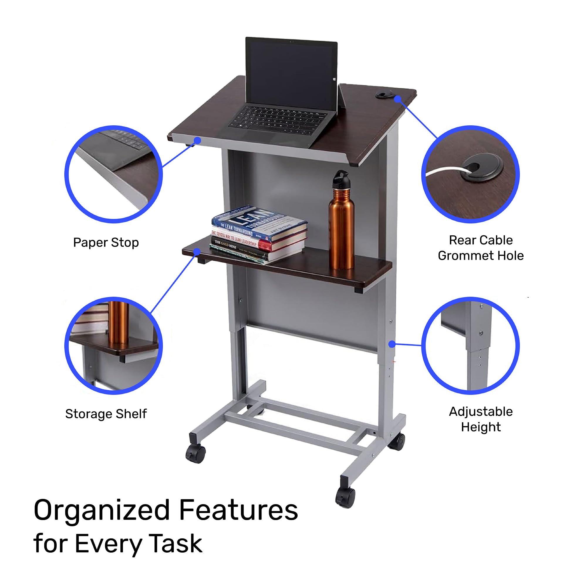 Adjustable Height Lectern Podium | Rolling Desk with Storage Shelf | Ergonomic Standing Desk Frame for Office, Classroom, Laptop, Teaching, Presentations & More (Dark Walnut)