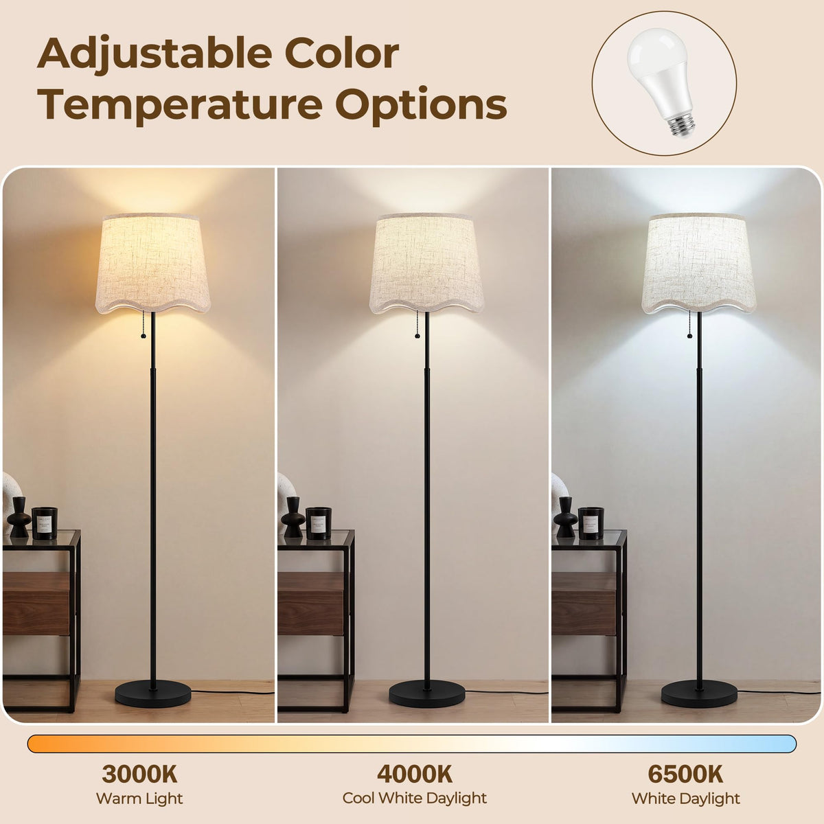 Floor Lamps for Living Room & Bedroom, 60" Modern Tall Standing Lamp, 3CCT