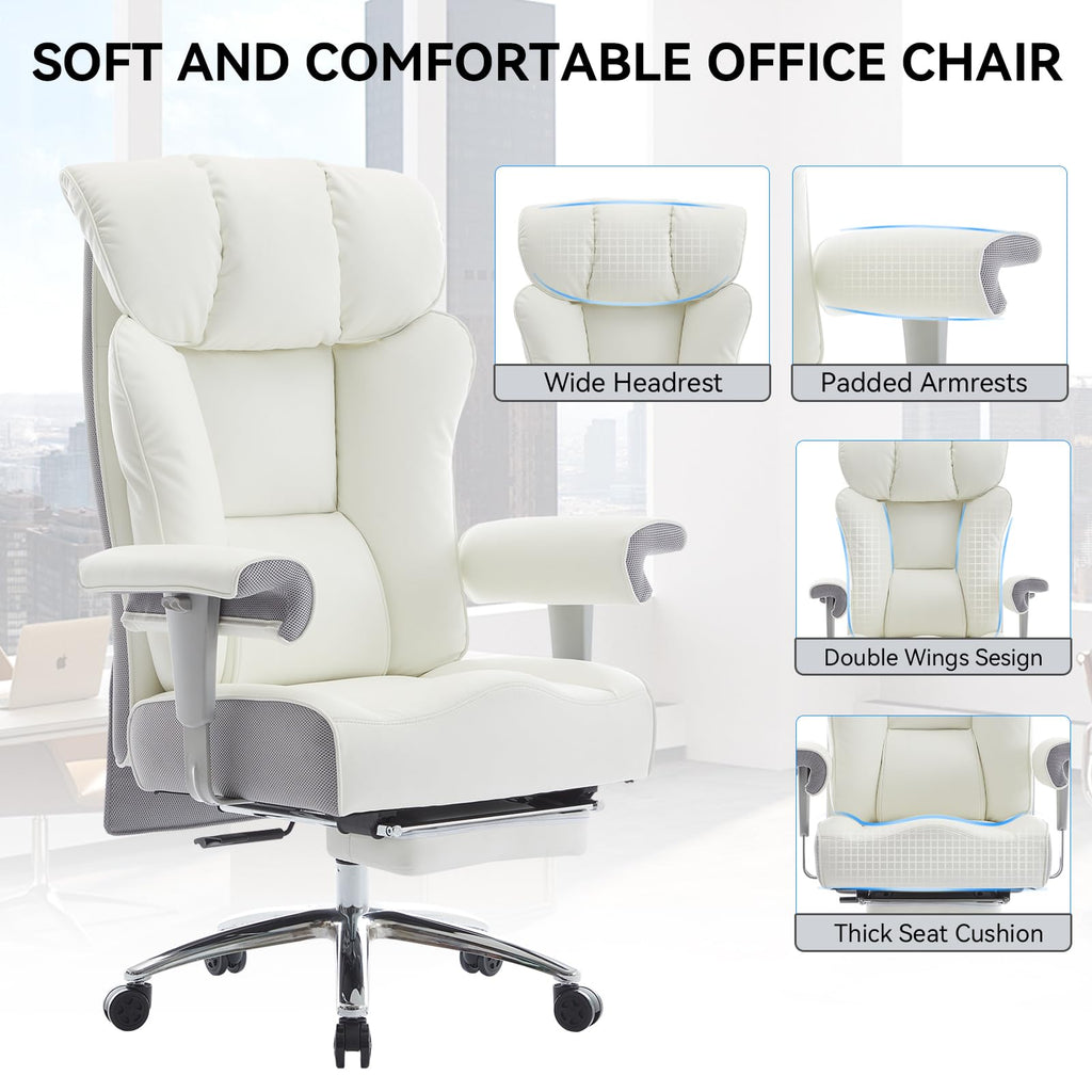 Big and Tall Executive Office Chair 400lbs - White Desk Chair for Women with Footrest, 24" Wide Ergonomic Pocket Spring Cushion Seat, Heavy Duty Computer Chair for Home Office, Gaming