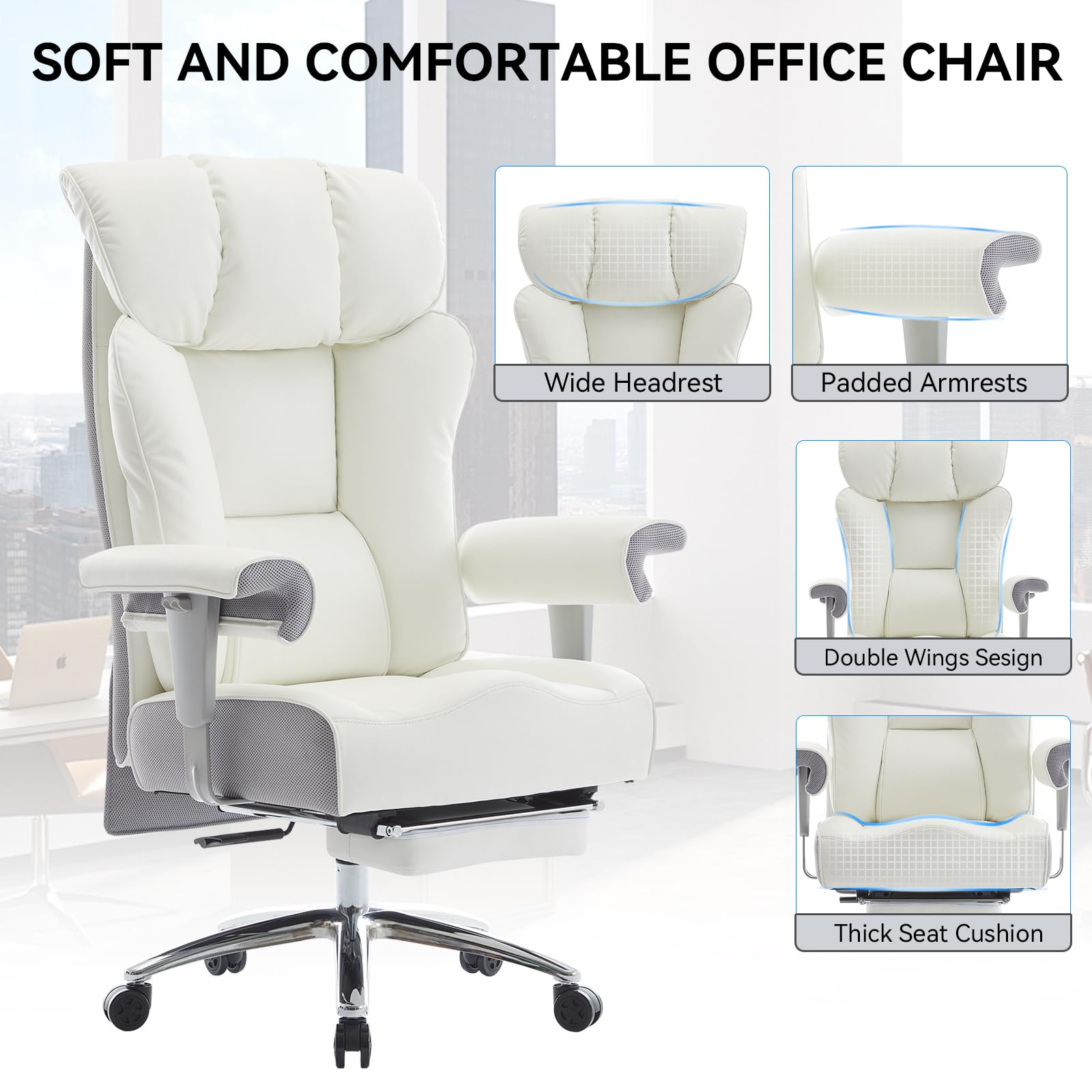 Big and Tall Executive Office Chair 400lbs - White Desk Chair for Women with Footrest, 24" Wide Ergonomic Pocket Spring Cushion Seat, Heavy Duty Computer Chair for Home Office, Gaming