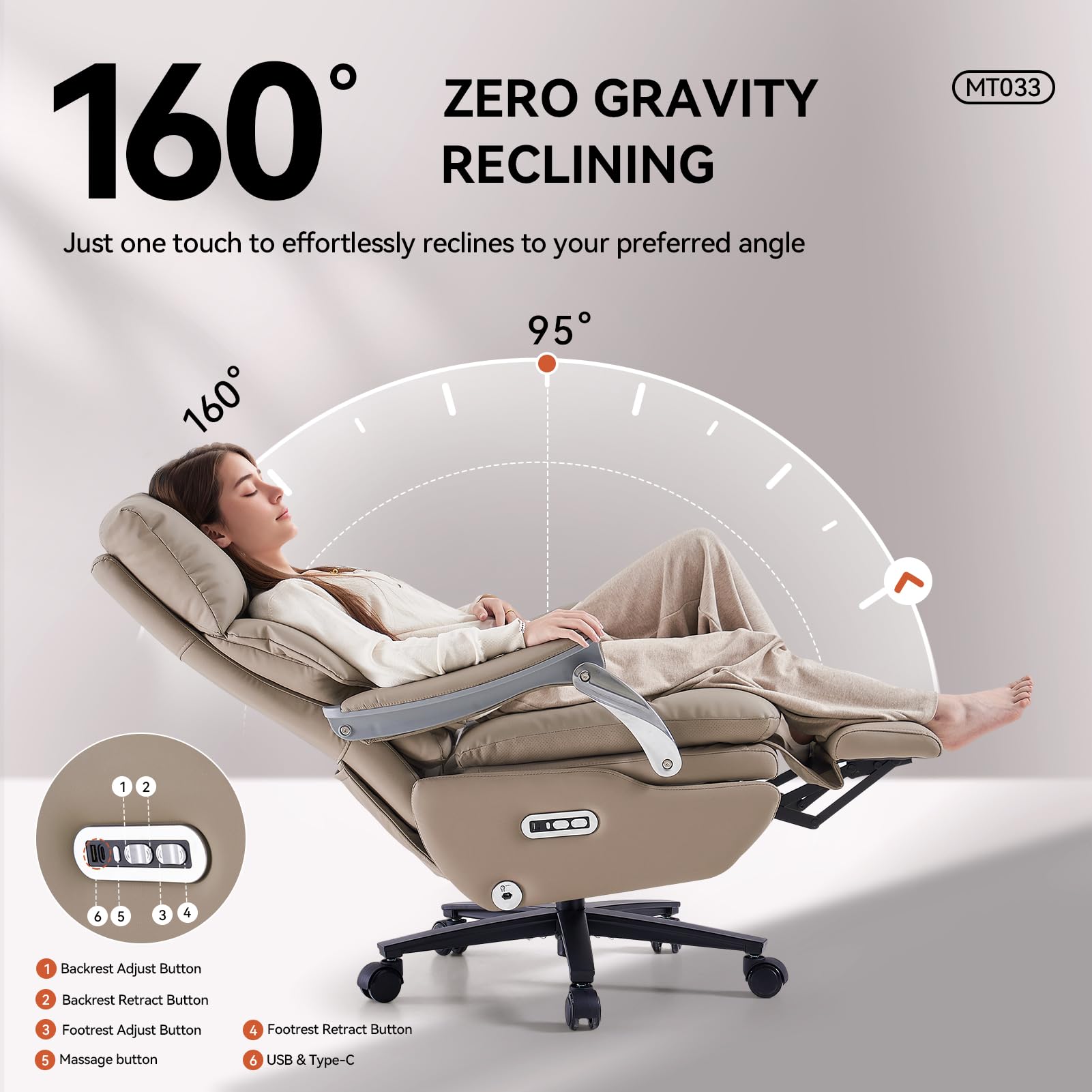 Ergonomic Office Chair with Foot Rest Electric Executive Office Chair Power Reclining with Massage Big and Tall High Back Computer Chair with Wheels, Sustainable Leather（Light Khaki）