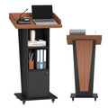 15° Tilted Podium Stand with Storage & Lockable Wheels, Wooden Lectern with Adjustable Shelf, Mobile Portable Pulpit for Classroom, Church, Office (Black Brown)