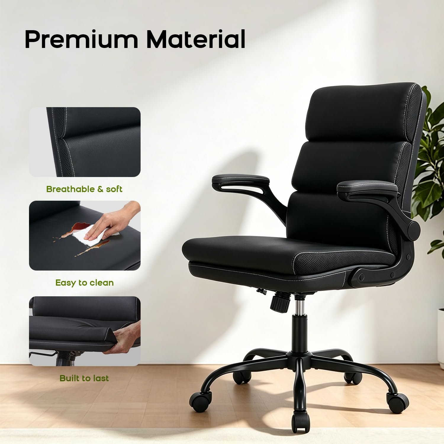 Office Chair Adjustable Desk Chair Mid Back Executive Comfortable Bonded Leather Ergonomic Back Support Home Computer Chair with Padded Flip-up Armrest Swivel Wheels (Black)