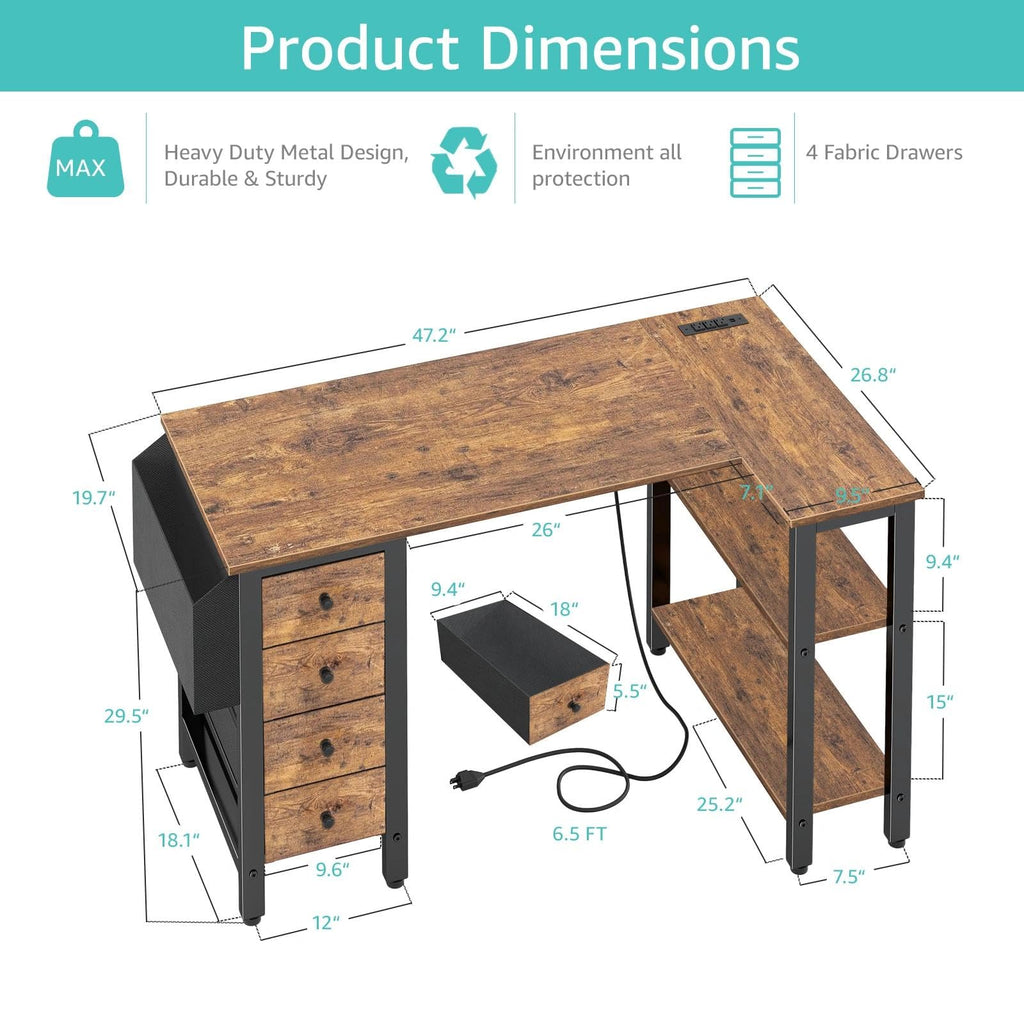 L Shaped Desk with Drawers & Storage Shelves, 47 Inch Small Reversible Corner Desk with Power Outlet for Home Office Bedroom, L-Shaped Gaming PC Computer Desks with Fabric Drawer, Rustic Brown