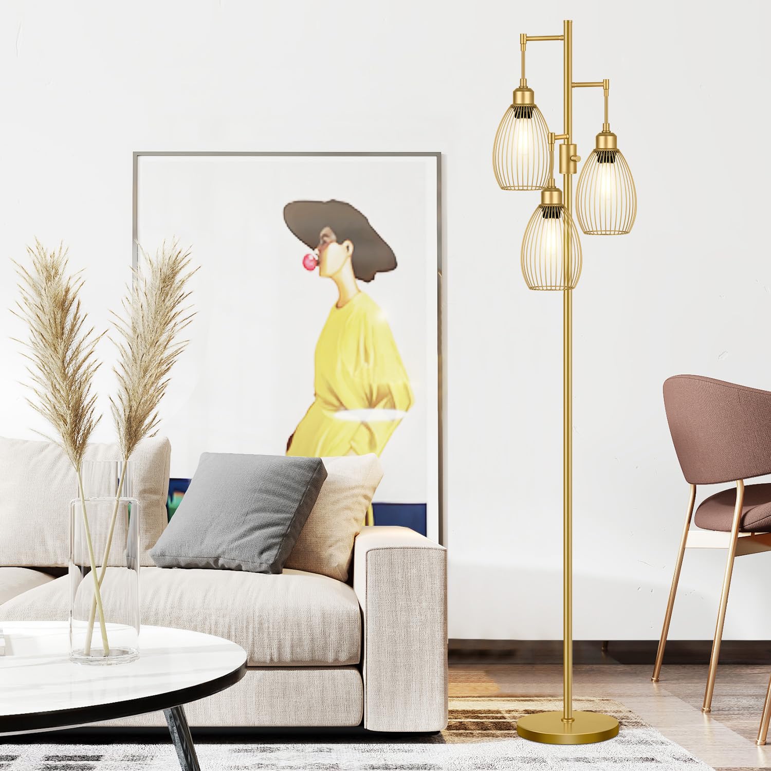 Floor Lamp, 3 x 800LM LED Edison Bulbs Included, Farmhouse Industrial Floor Lamp Standing Tree Lamp with Elegant Teardrop Cage Head Tall Lamp for Living Room Bedroom Office Dining Room - Gold