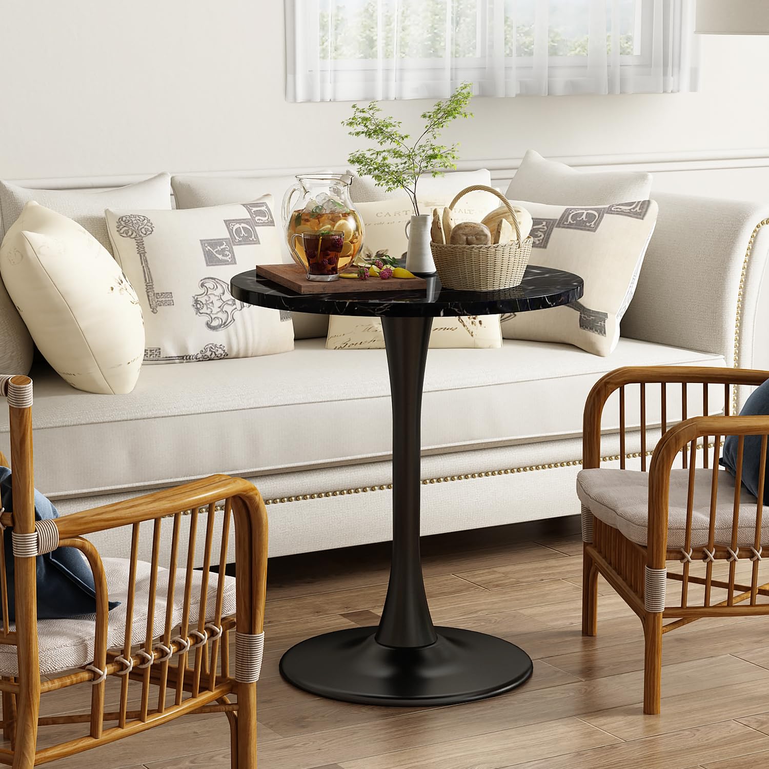 Kasinali Black Marble Round Dining Table 24" Circle Tulip Table with Thickened Tabletop & Sturdy Metal Pedestal Mid Century Modern Leisure Bistro Kitchen Tables 2 People Small Places Living Room Cafe