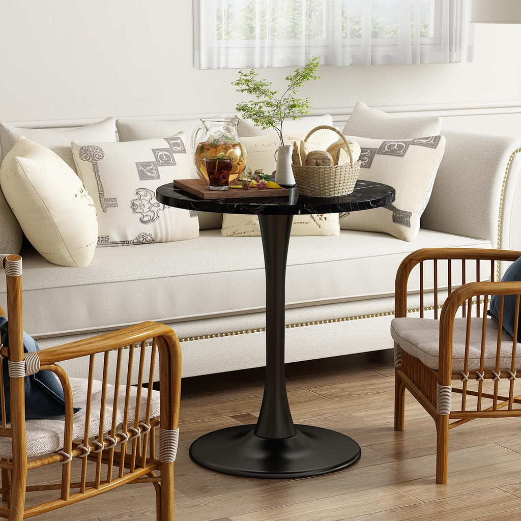 Kasinali Black Marble Round Dining Table 24" Circle Tulip Table with Thickened Tabletop & Sturdy Metal Pedestal Mid Century Modern Leisure Bistro Kitchen Tables 2 People Small Places Living Room Cafe