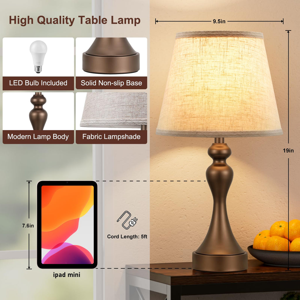Touch Lamps for Nightstand, 3 Way Dimmable Bedside Lamps with USB C+A Ports