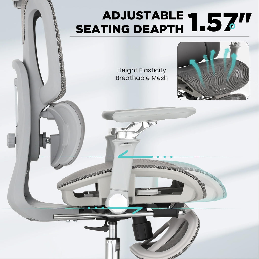 Ergonomic Mesh Office Chair with 3-Zone Dynamic Lumbar Support, Big and Tall Office Chair with Footrest, Adjustable Seat Depth,4D Headrest,6D Armrests, Swivel Executive Chair for Home Office,Grey